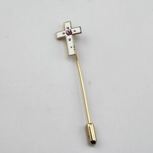 Vintage Dainty White Enamel w Pink Rose Flowers CROSS Goldtone Lapel Stick Pin -